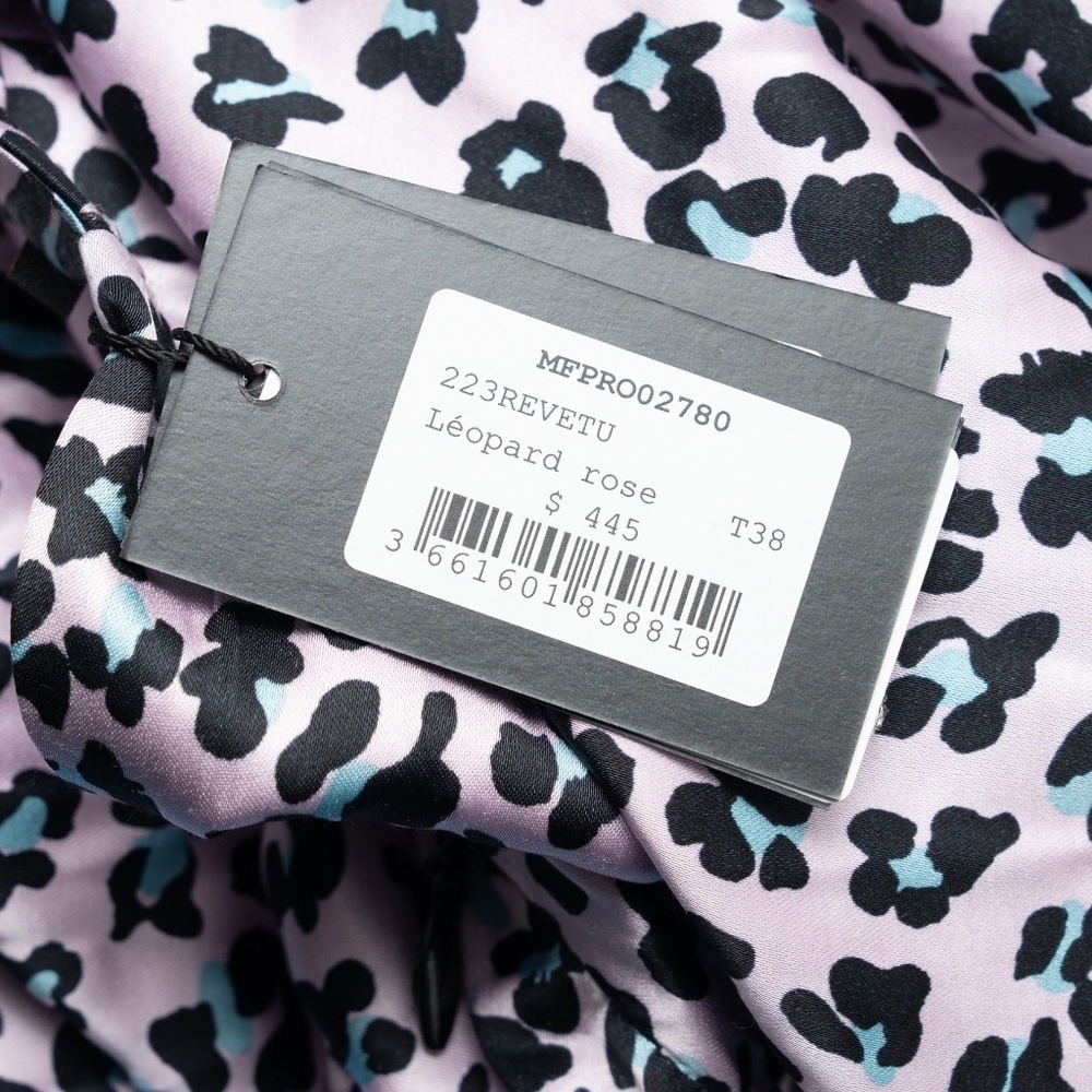 Maje | Maje Draped Leopard-Print Mini Dress‎ Pink Black Puff Sleeve V-Neck  NWT - Picture 10 of 13